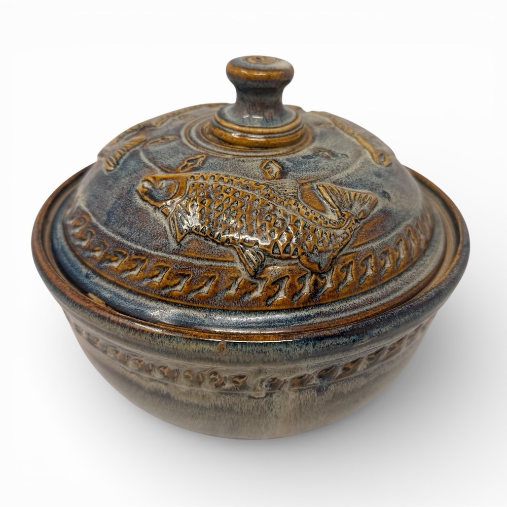 Vintage Mary Gebhart Signed Studio Pottery‎ Lidded Bowl - Fish Relief Design